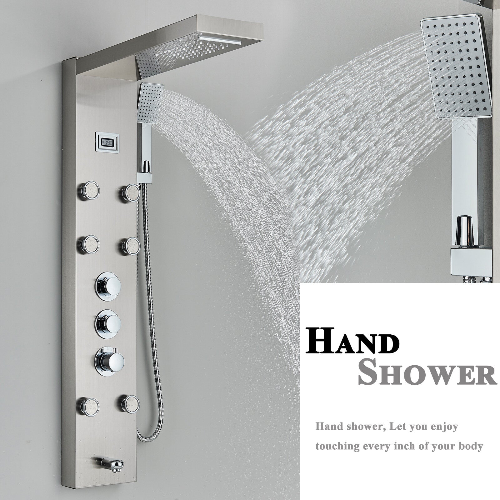 LED Shower Panel Tower Massage System Rain&Waterfall Jets Faucet Stainless Steel