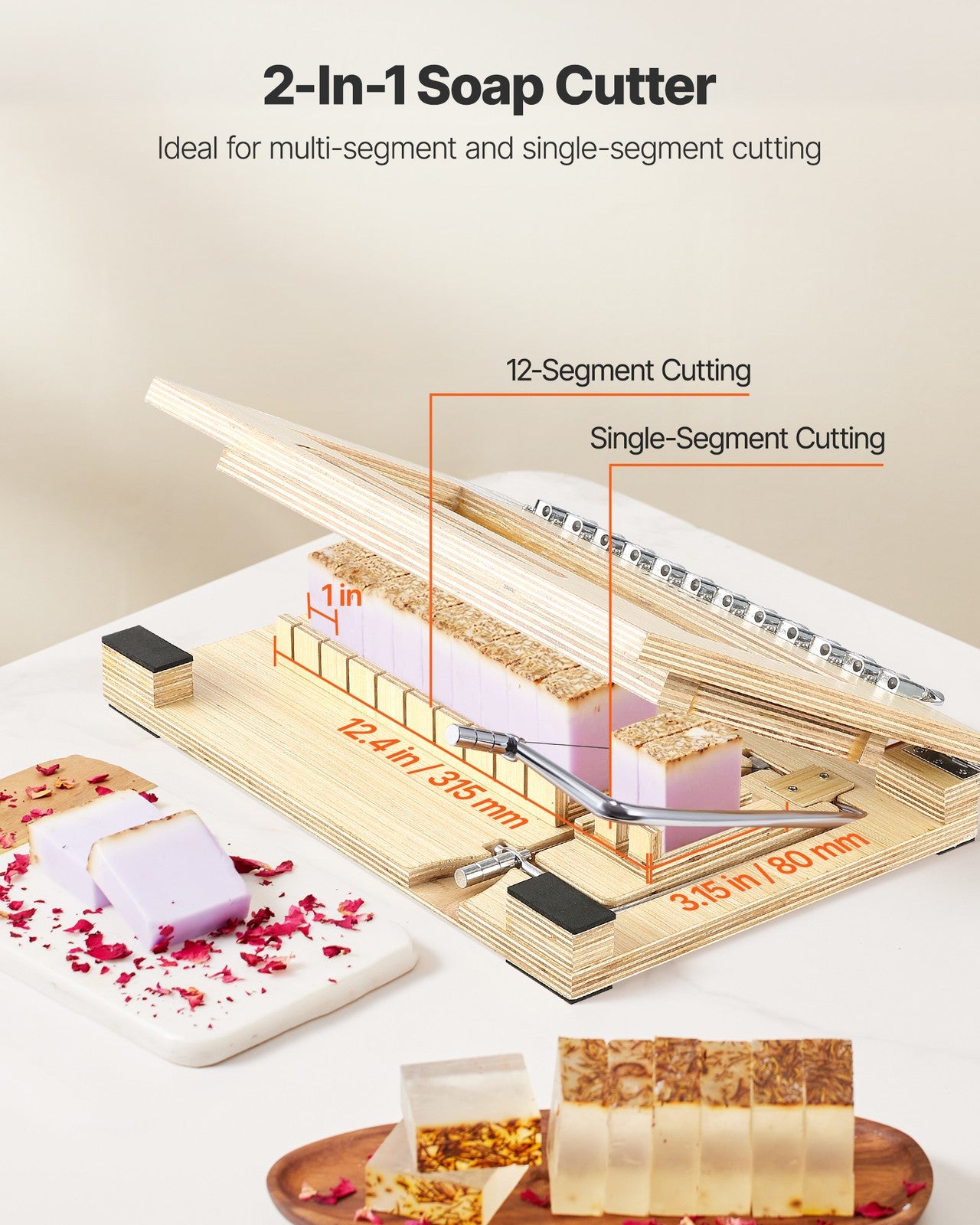 VEVOR Soap Cutter Cut Wood Soap Slicer 1 in 1-12 Pcs Bars Wood Frame Steel Wire