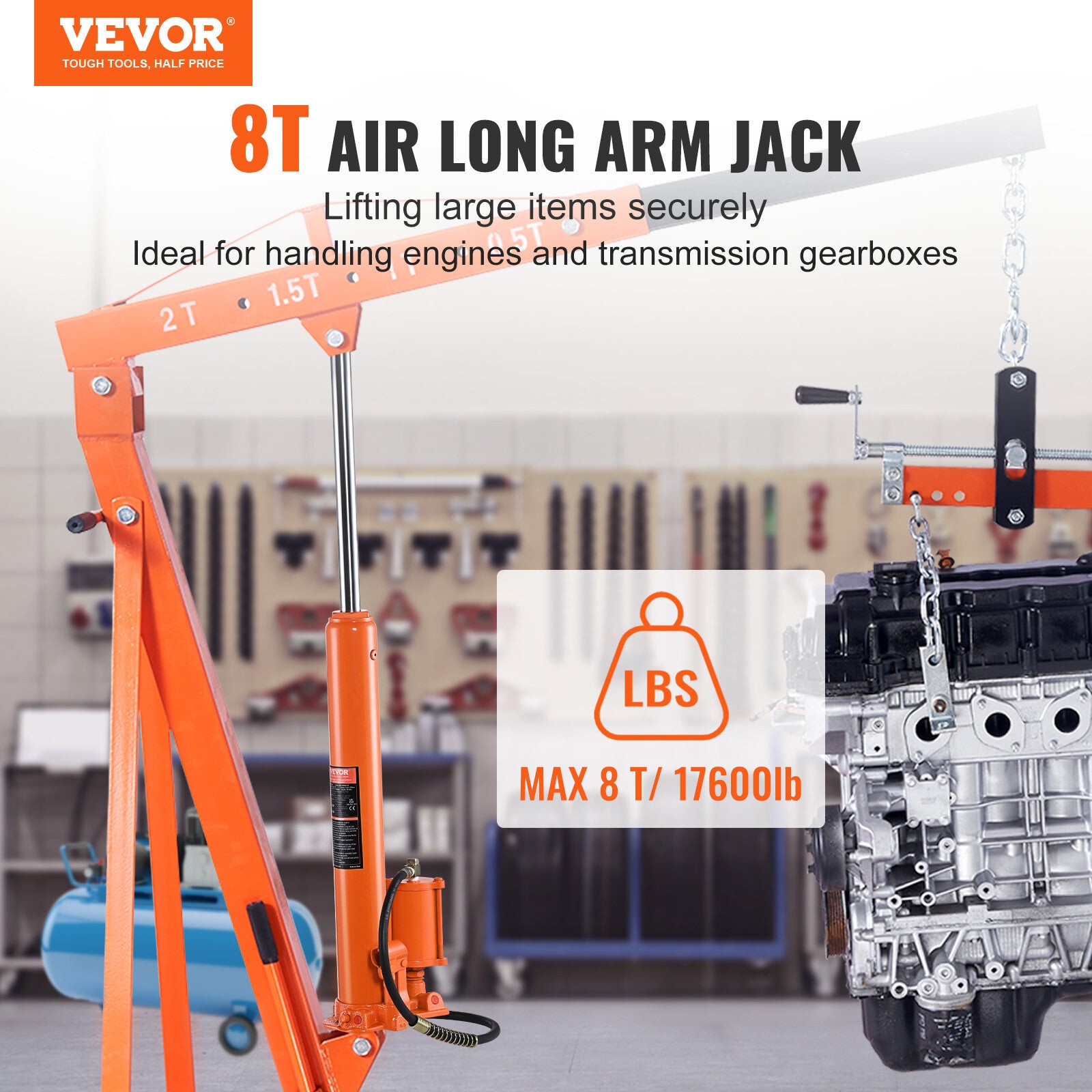 VEVOR Hydraulic Air Long Ram Jack 8Ton Clevis Base Engine Lift Hoist Single Pump