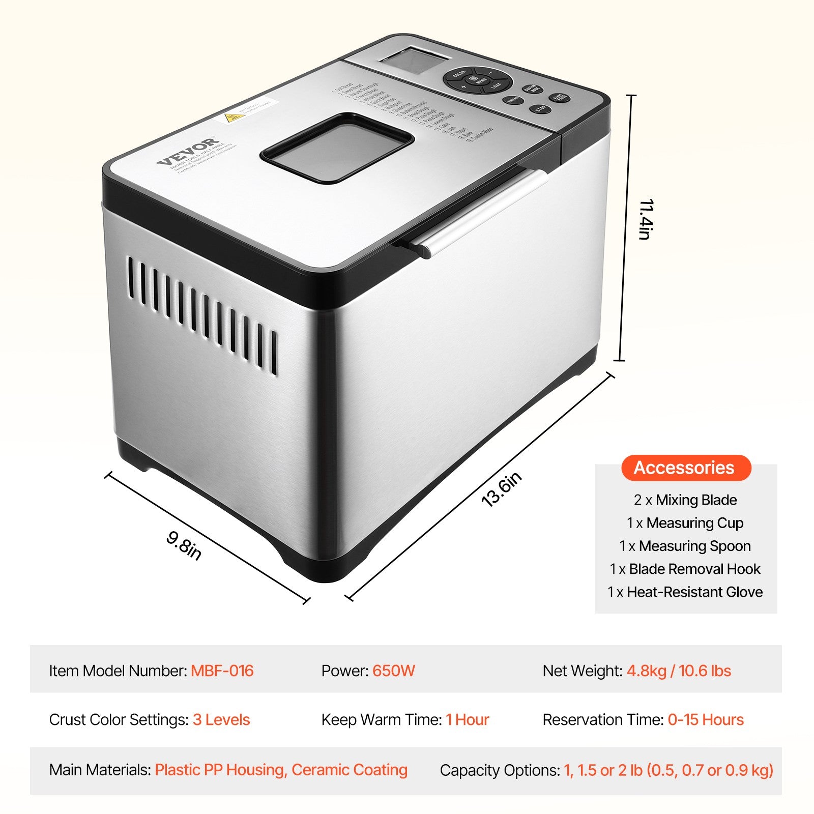 VEVOR 2LB 19-in-1 Bread Maker Automatic Compact Dough Machine Nonstick 3 Colors