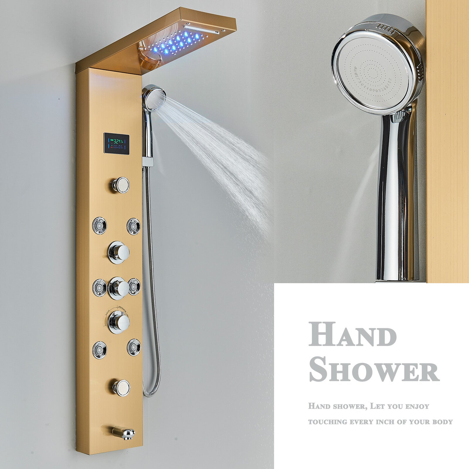 LED Shower Panel Tower Massage System Rain&Waterfall Jets Faucet Stainless Steel