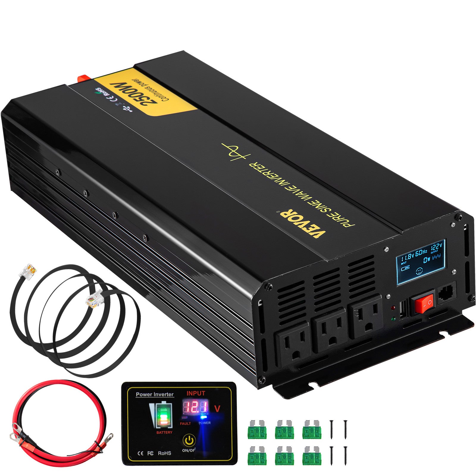 Pure Sine Wave Inverter Power Inverter 2500W DC12V to AC120V Inverter LCD