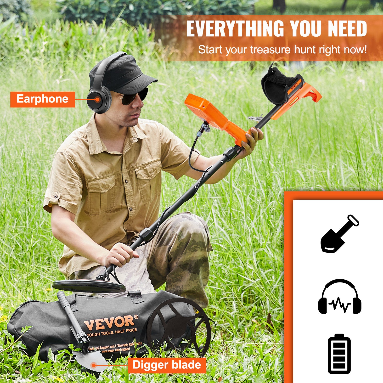 VEVOR Waterproof Metal Detector Professional Rechargeable Gold Detector 12" Coil