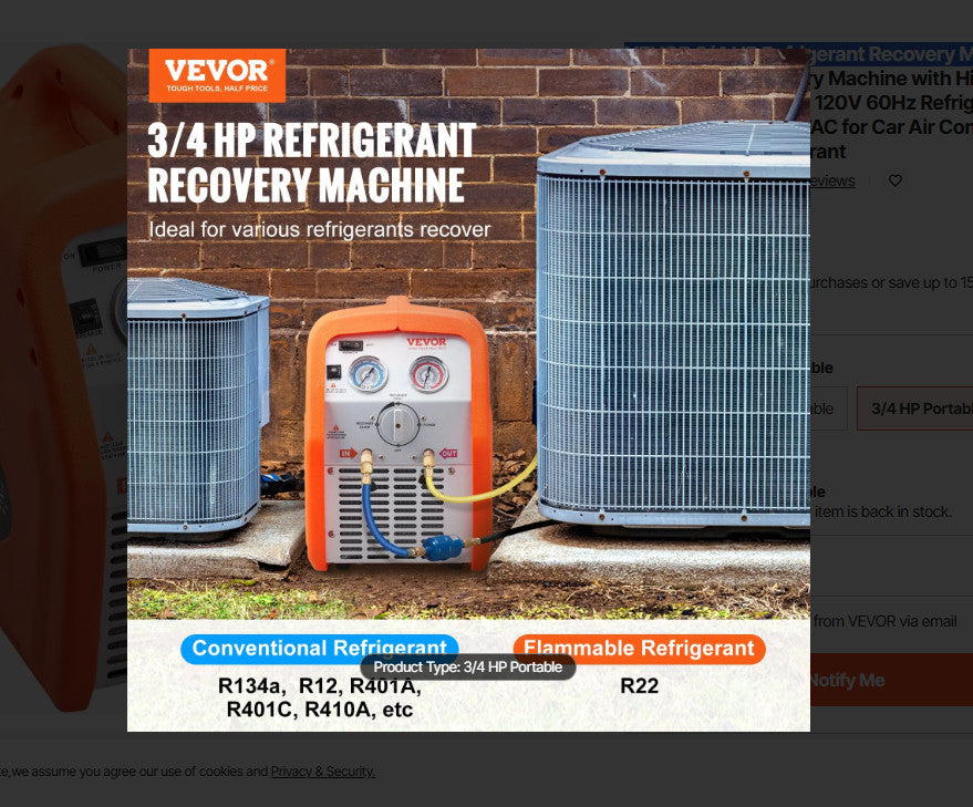 VEVOR Portable 3/4 HP Refrigerant Recovery Machine for Vapor Liquid Refrigerant