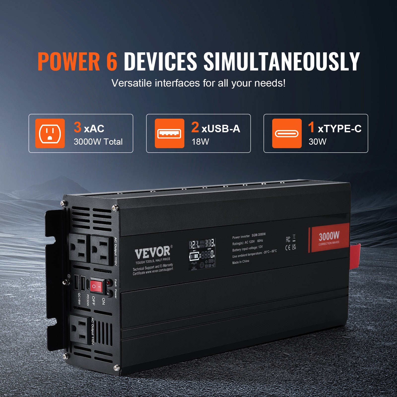 Power Inverter 3000W 6000W 12V DC to 110V 120V AC LCD Outdoor for Car Truck Home