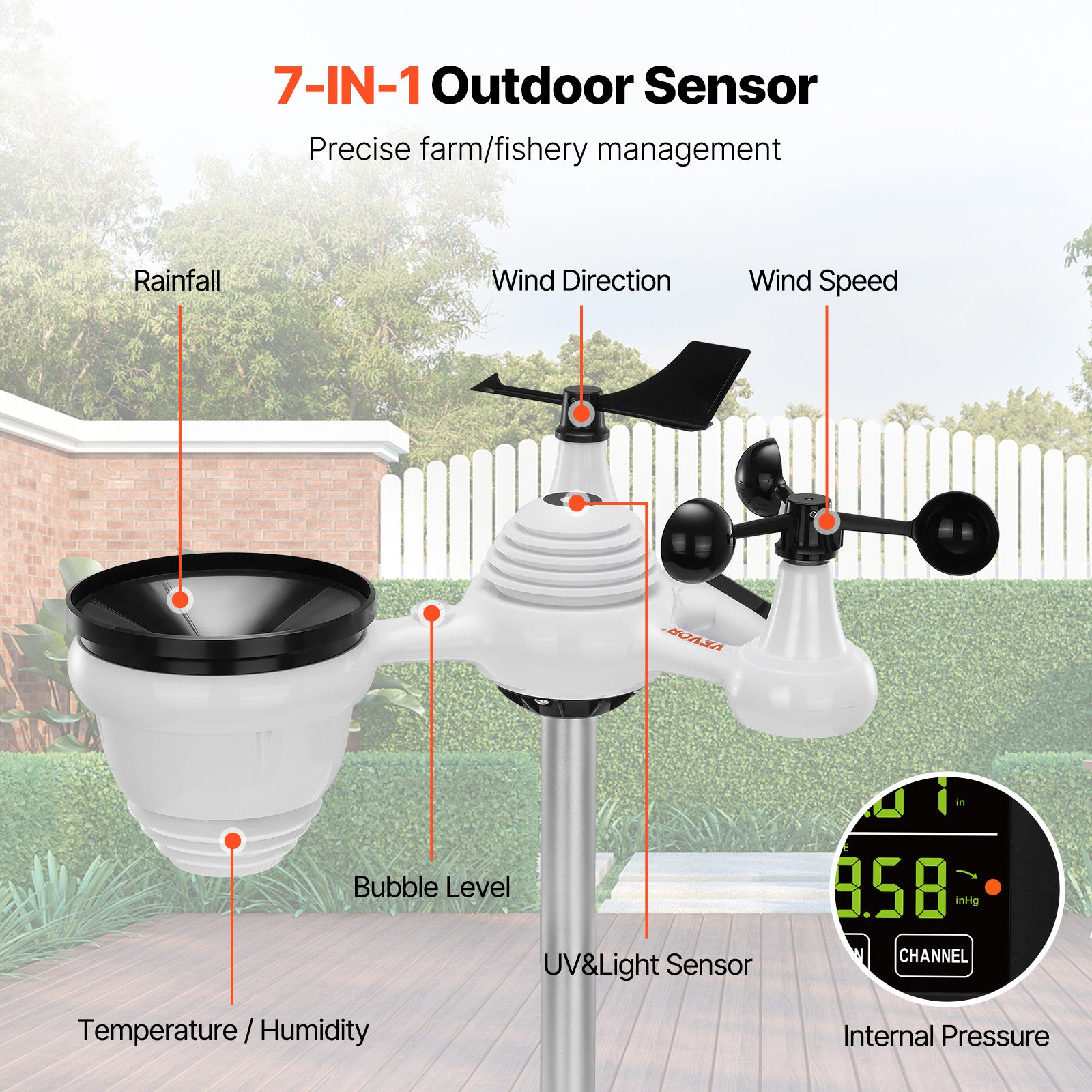7-in-1 Wireless Weather Station 7.5 in Display for Indoor Outdoor-NO WIFI