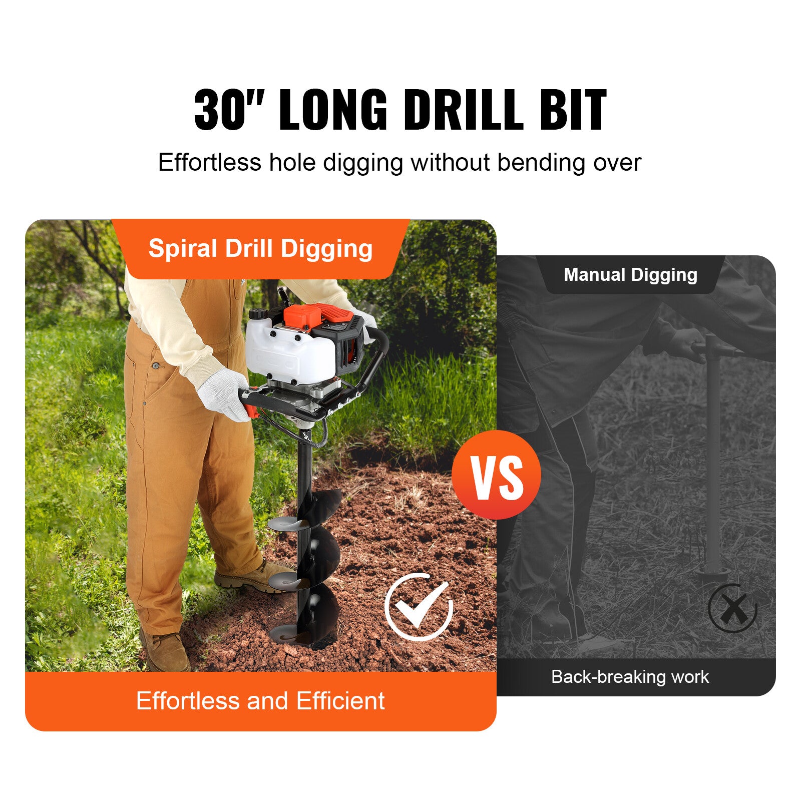VEVOR Post Hole Digger 43cc Gas Powered Earth Digger with 8" Auger Drill Bit