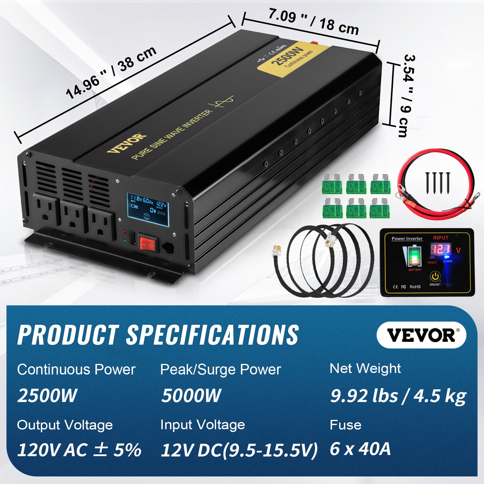 Pure Sine Wave Inverter Power Inverter 2500W DC12V to AC120V Inverter LCD