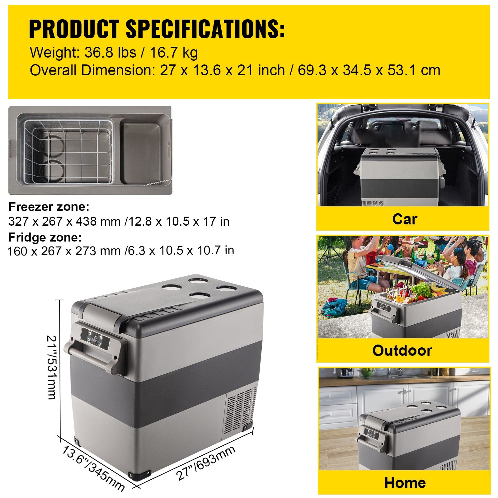 55L Portable Travel Car Refrigerator Freezer Truck Mini Fridge Camping 12V 24V