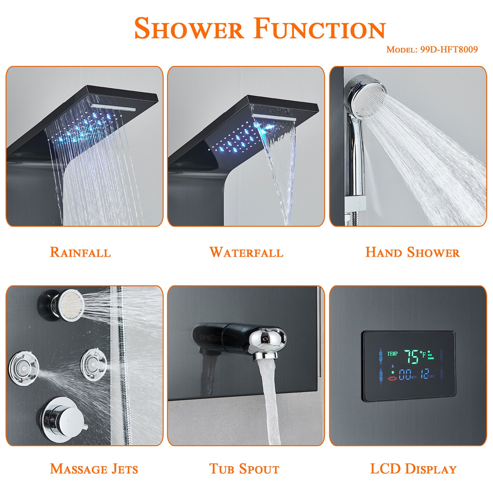 LED Shower Panel Tower Massage System Rain&Waterfall Jets Faucet Stainless Steel