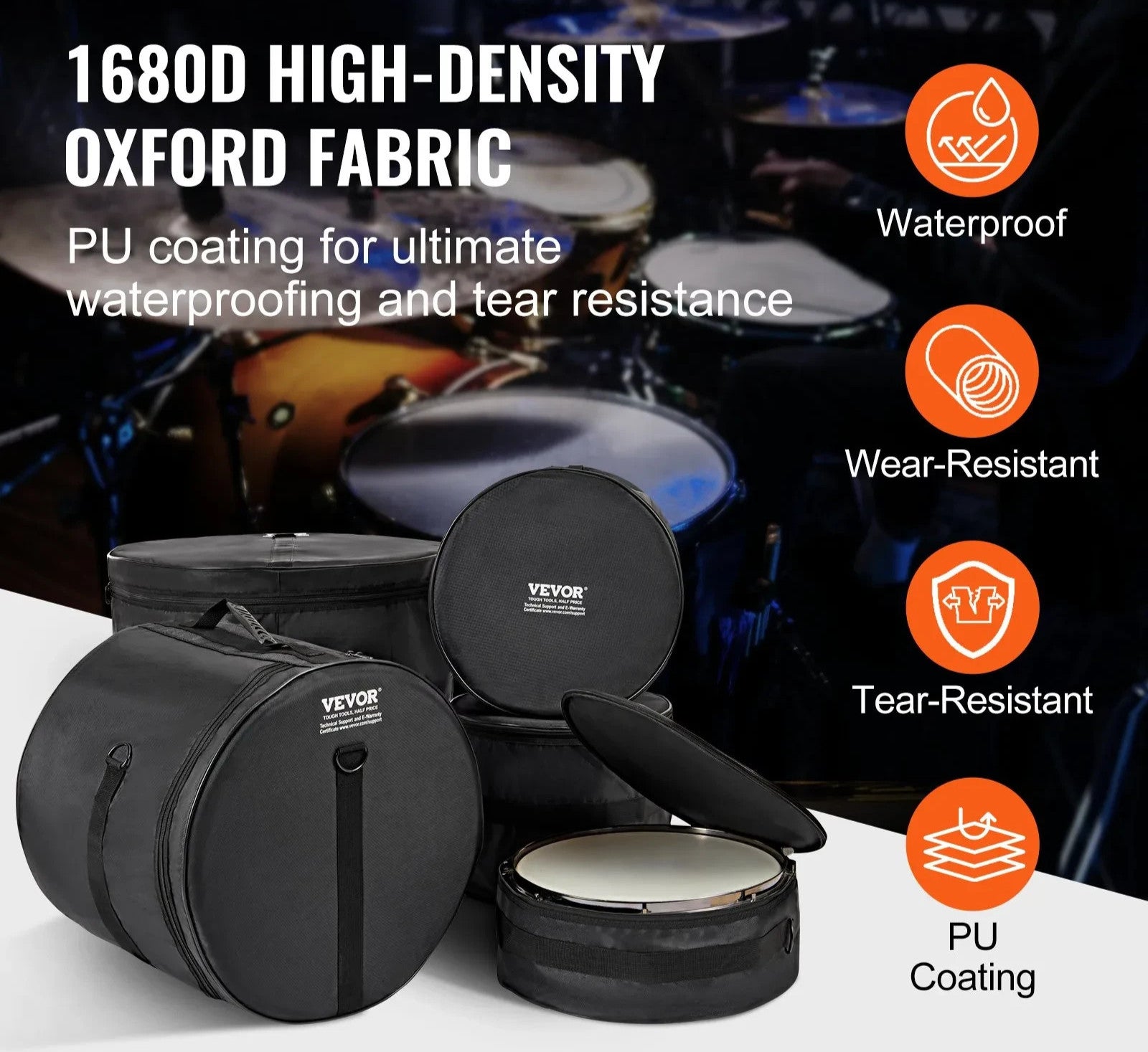 VEVOR 5-Piece Drum Bag Set Padded Drum Cases 1680D Oxford Fabric Foldable