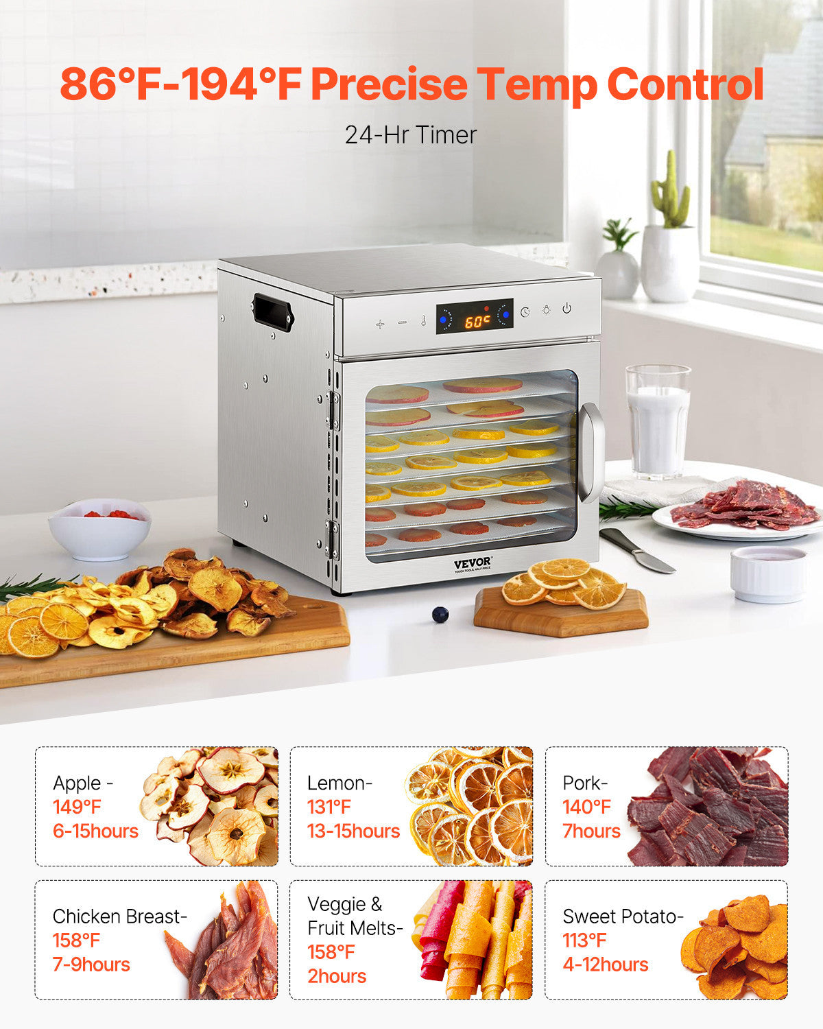 VEVOR Commercial 8 Trays Food Dehydrator Stainless Fruit Meat Jerky Drying Dryer