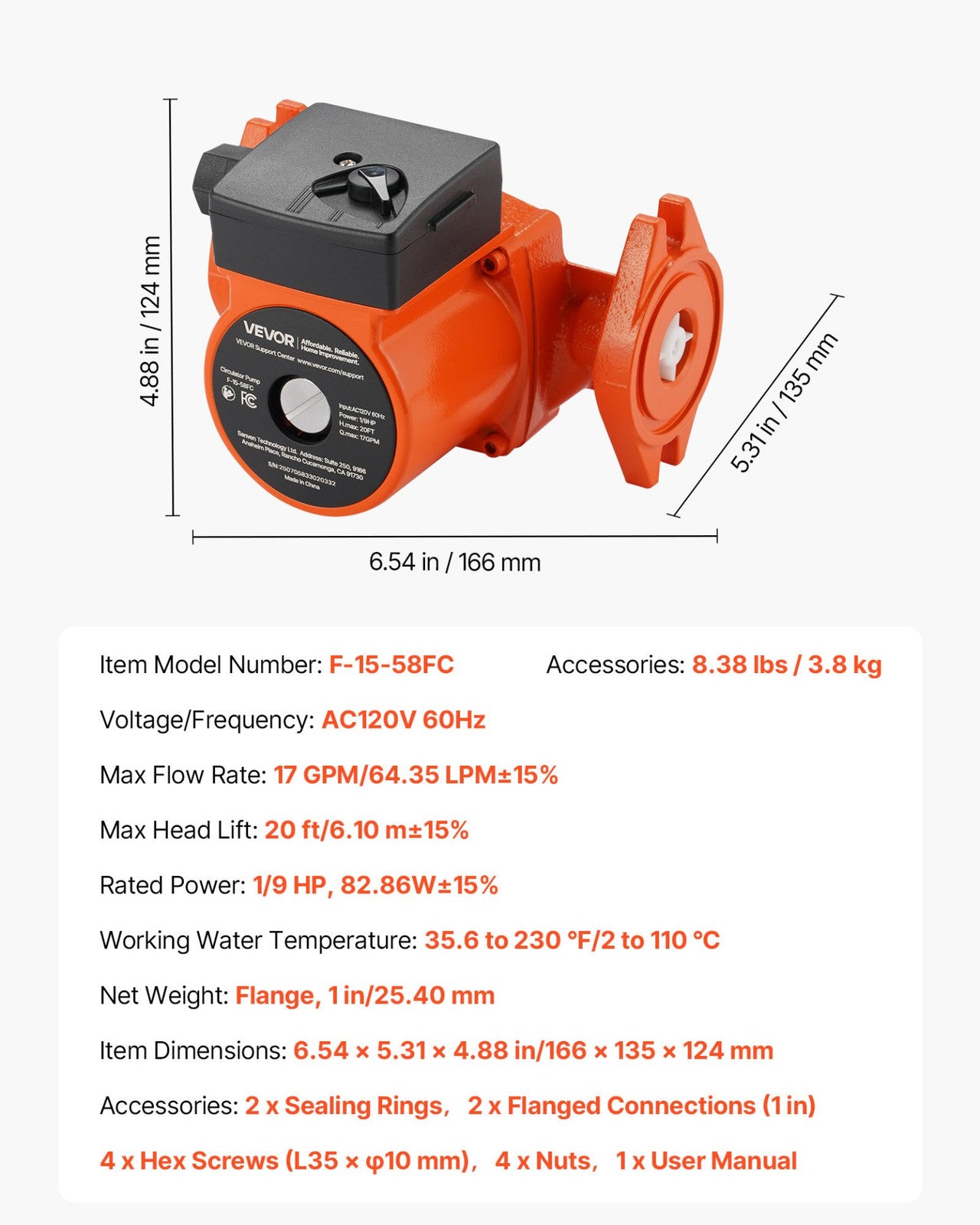 VEVOR 1/9 HP Cast Iron Circulator Pump - 17 GPM, 120V for Hot Water & Heating