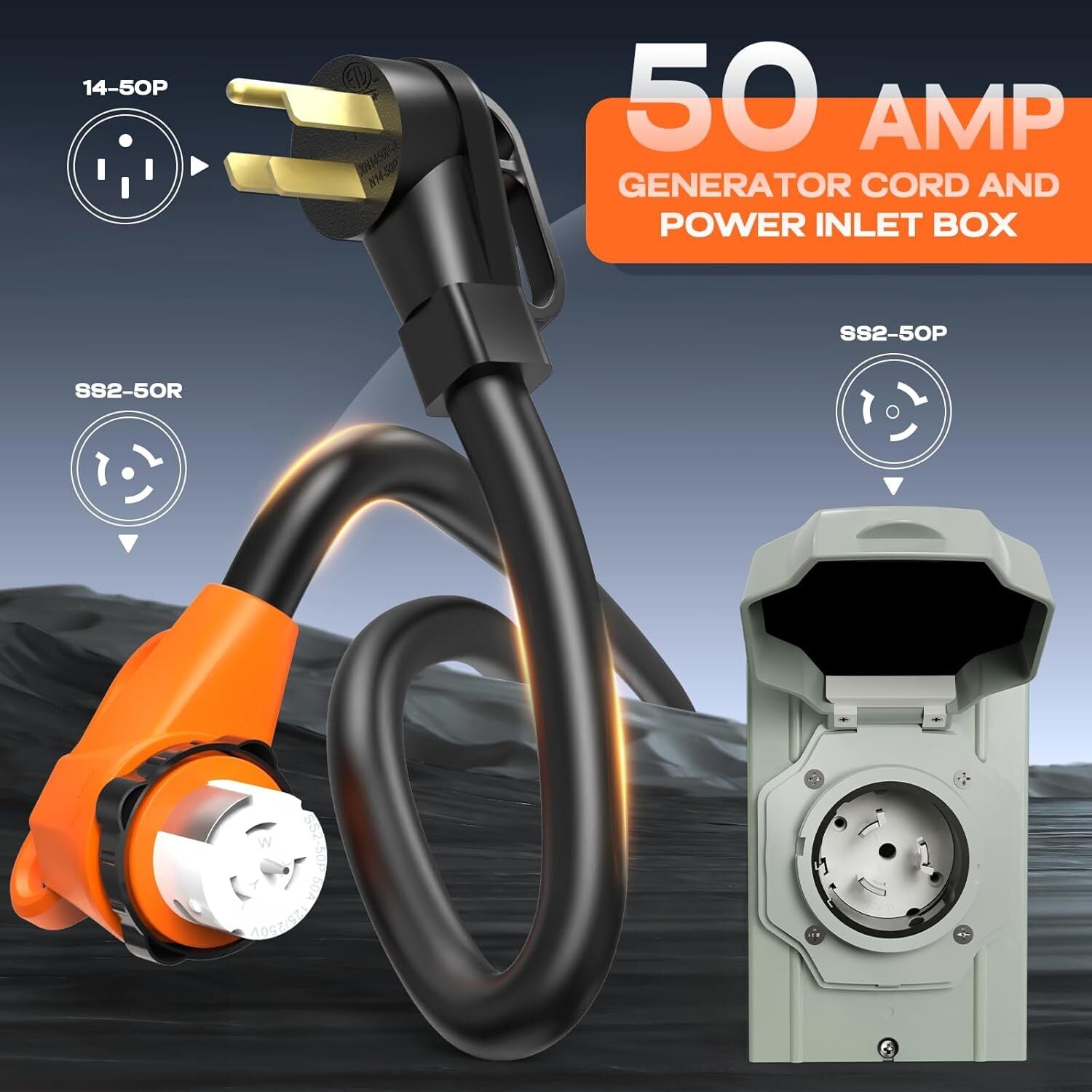 50 Amp 25FT Generator Power Cord and Waterproof Power Inlet Box 14-50P to CS6364