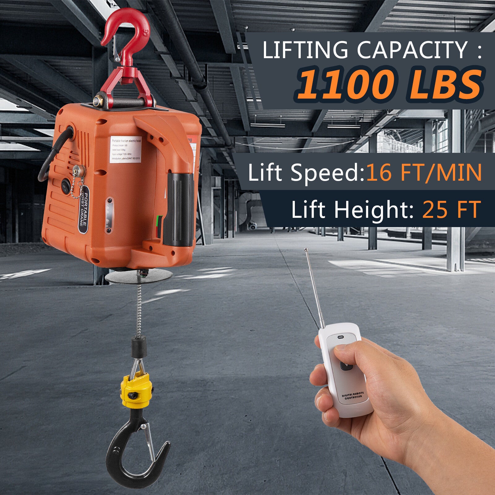 3-in-1 Portable Crane Electric Hoist Winch 1100lbs Wired/Wireless Remote Control