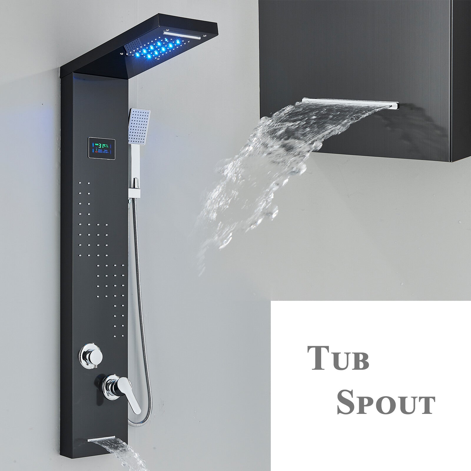 LED Shower Panel Tower Massage System Rain&Waterfall Jets Faucet Stainless Steel