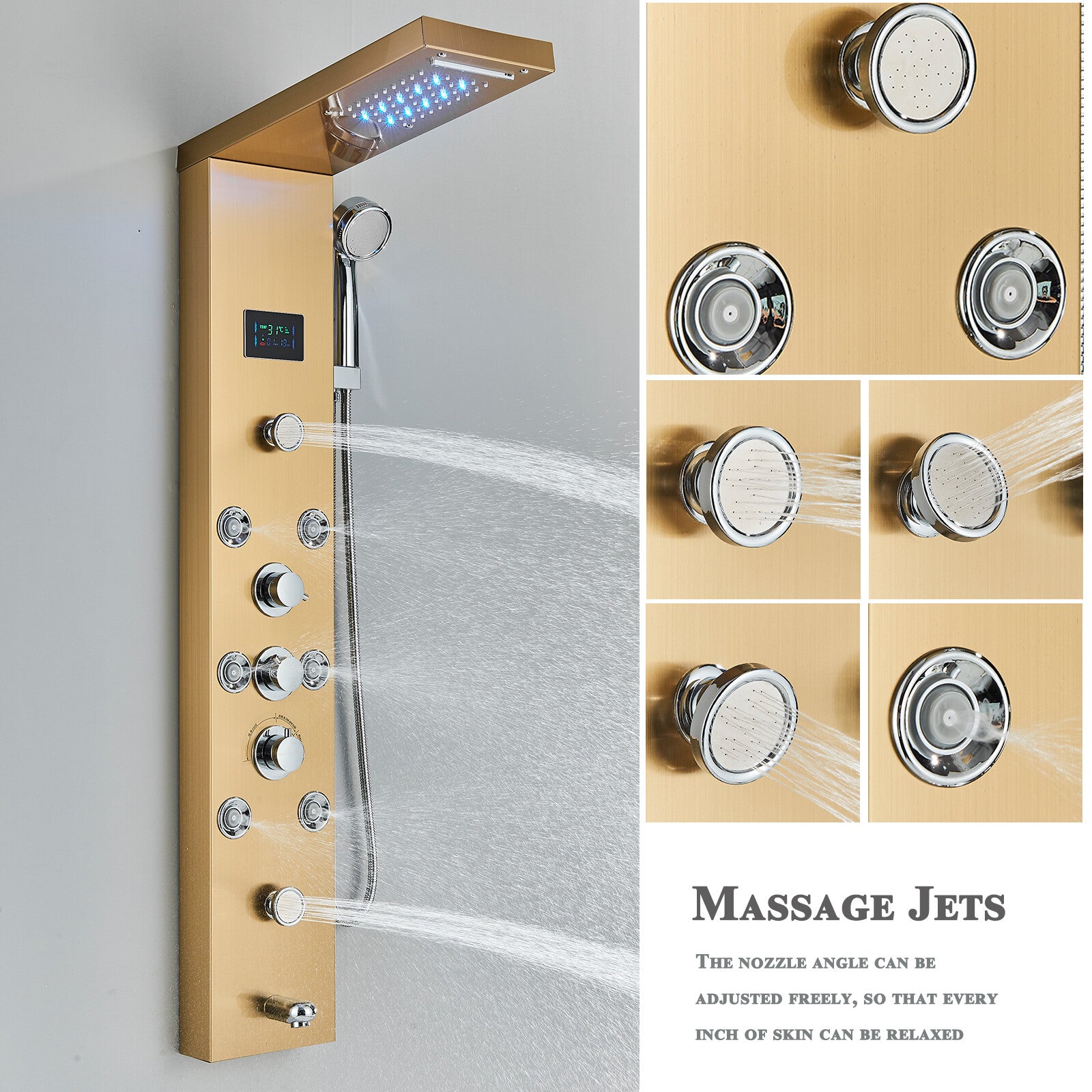 LED Shower Panel Tower Massage System Rain&Waterfall Jets Faucet Stainless Steel