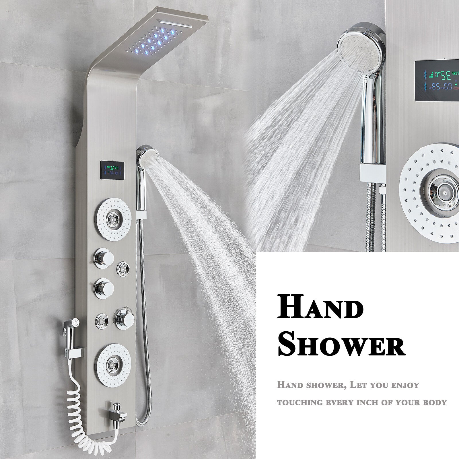 LED Shower Panel Tower Massage System Rain&Waterfall Jets Faucet Stainless Steel