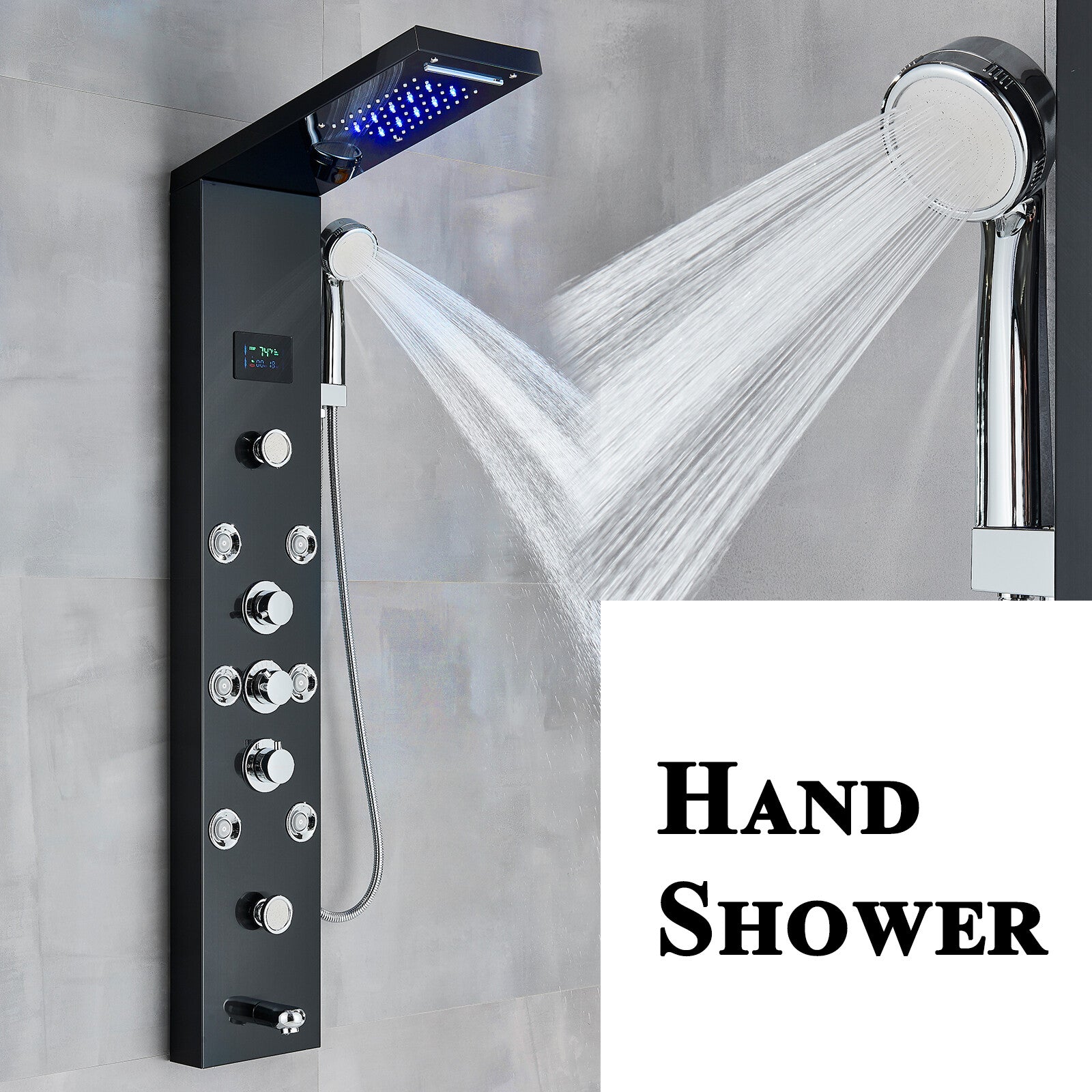 LED Shower Panel Tower Massage System Rain&Waterfall Jets Faucet Stainless Steel