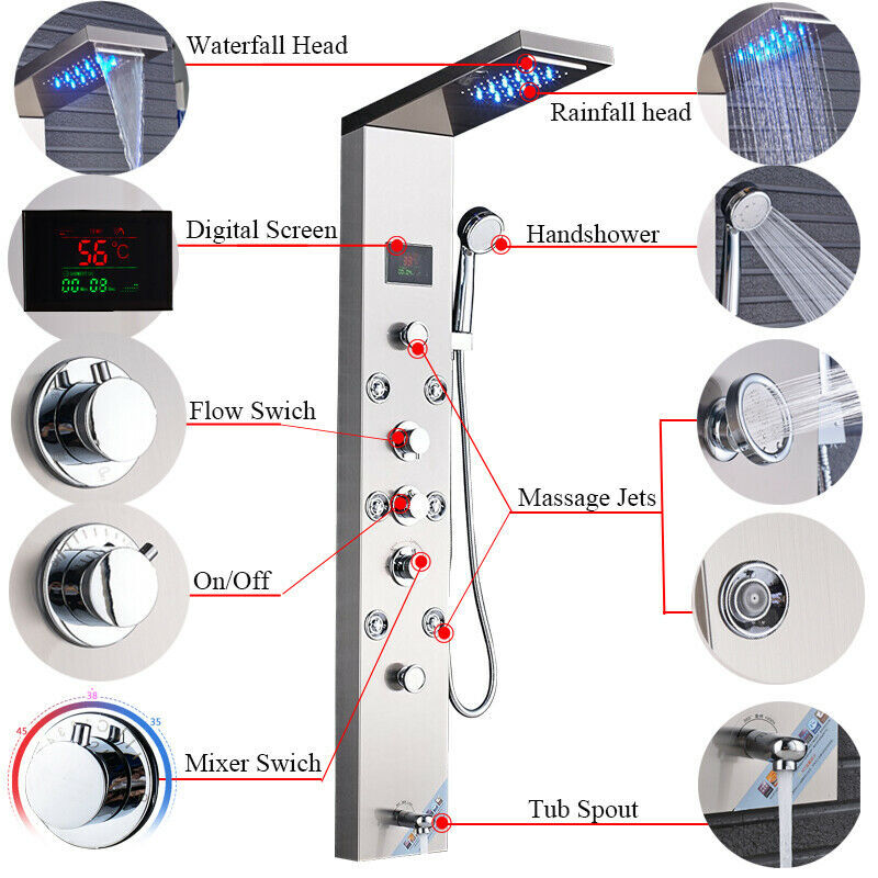 LED Shower Panel Tower Massage System Rain&Waterfall Jets Faucet Stainless Steel
