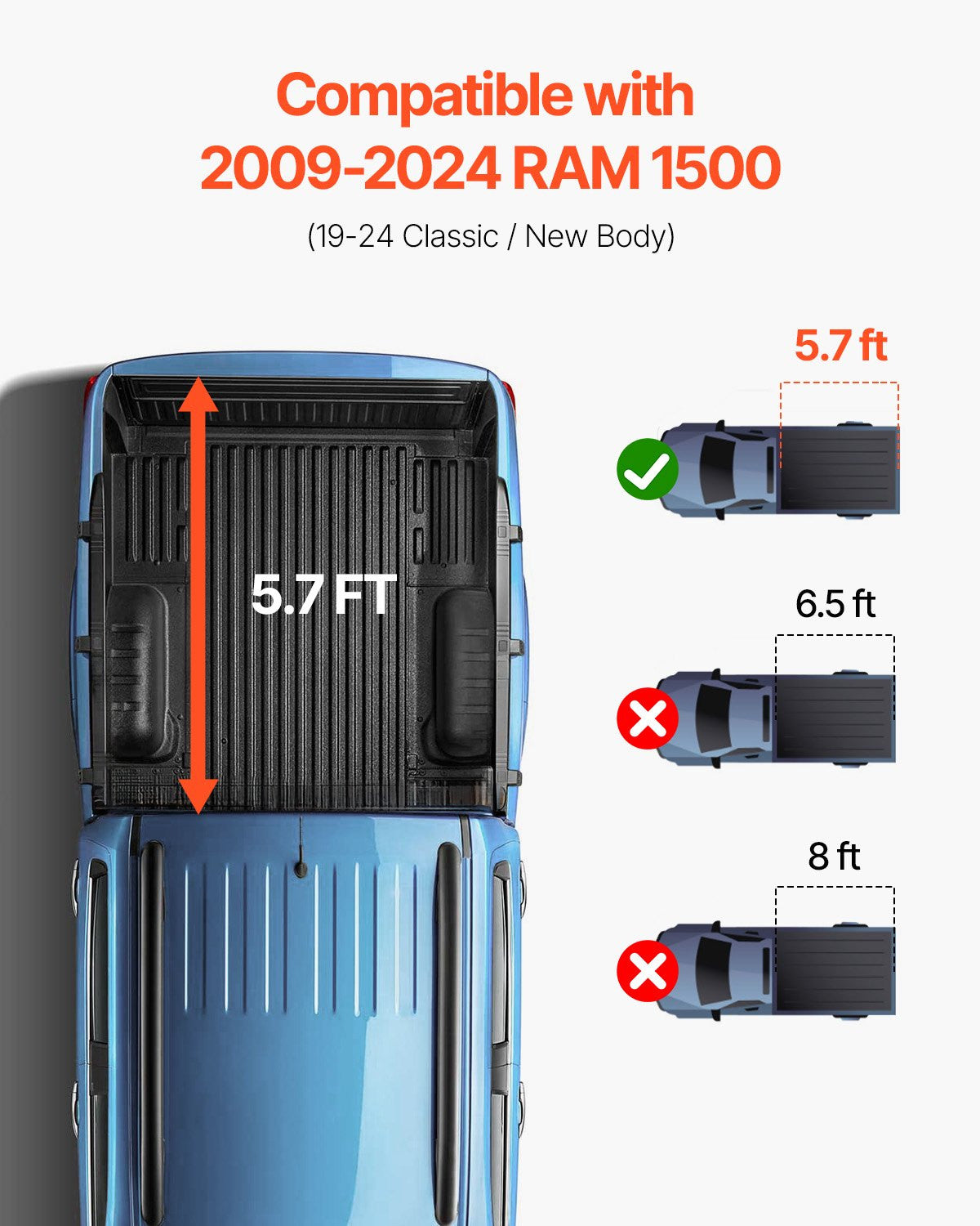 VEVOR Tri-Fold Truck Bed Tonneau Cover, Compatible with 2009-2024 Ram 1500 (19-2