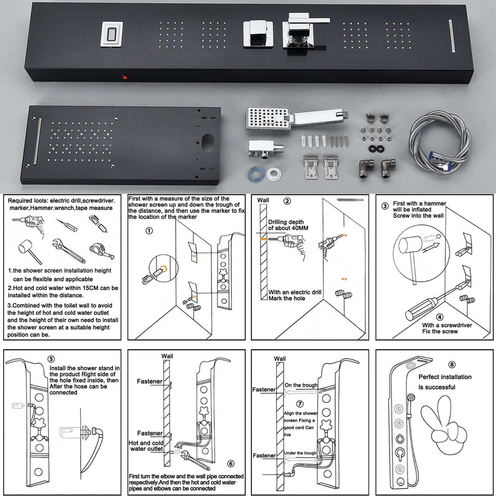LED Shower Panel Tower Massage System Rain&Waterfall Jets Faucet Stainless Steel