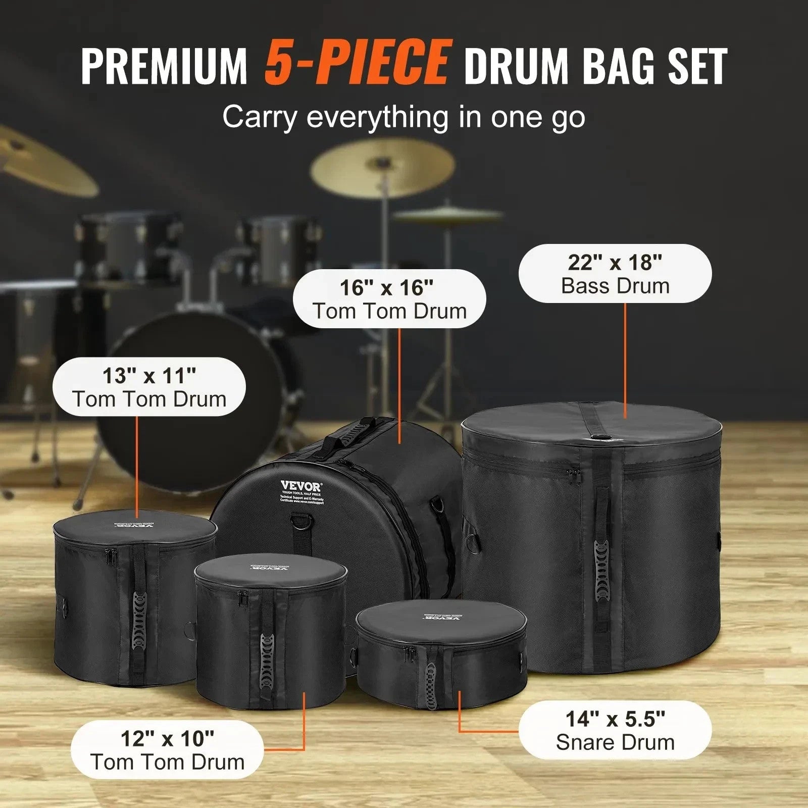 VEVOR 5-Piece Drum Bag Set Padded Drum Cases 1680D Oxford Fabric Foldable