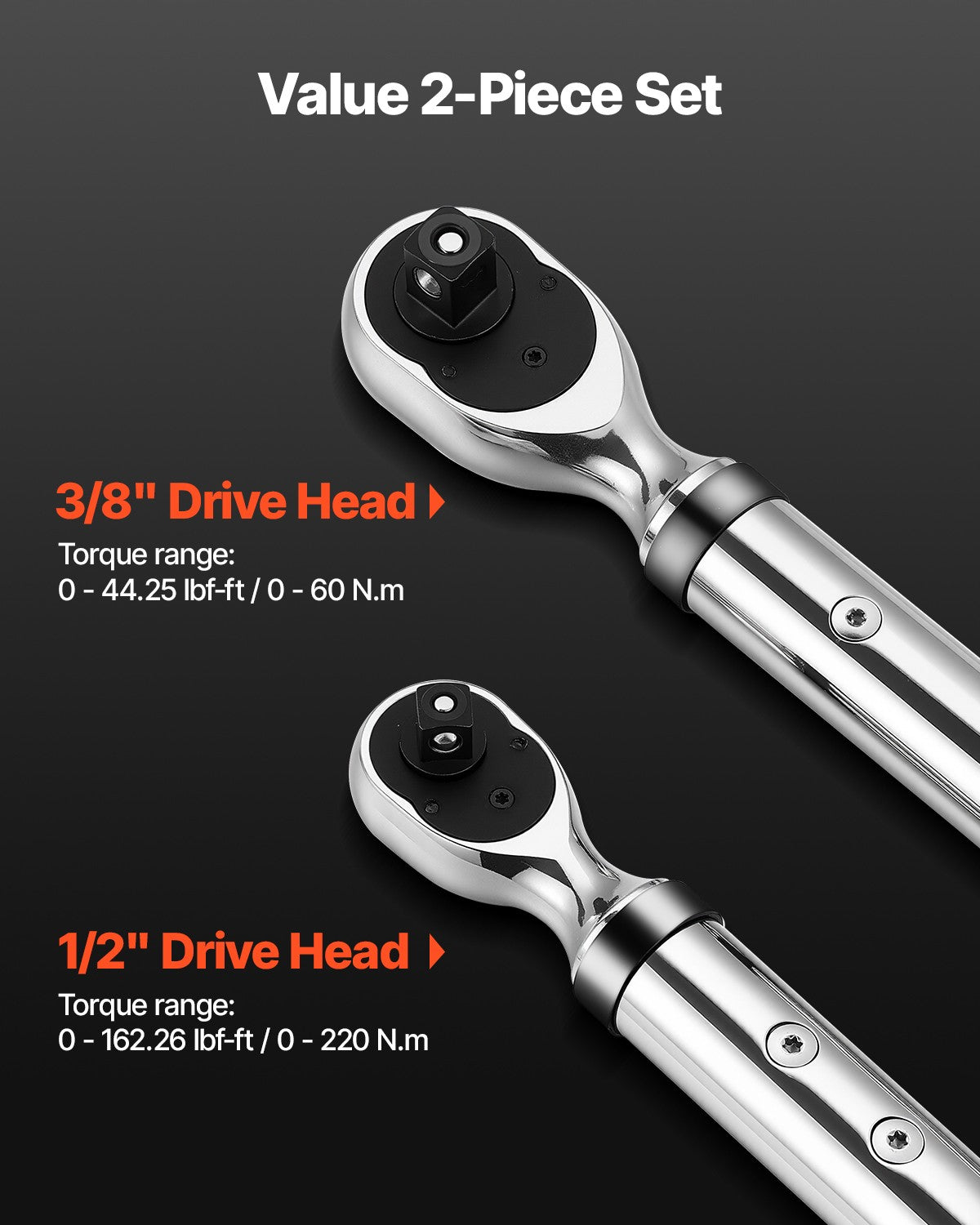 VEVOR Digital Torque Wrench Set 2Pieces 1/2 3/8 In Drive 72-Tooth Electronic LED