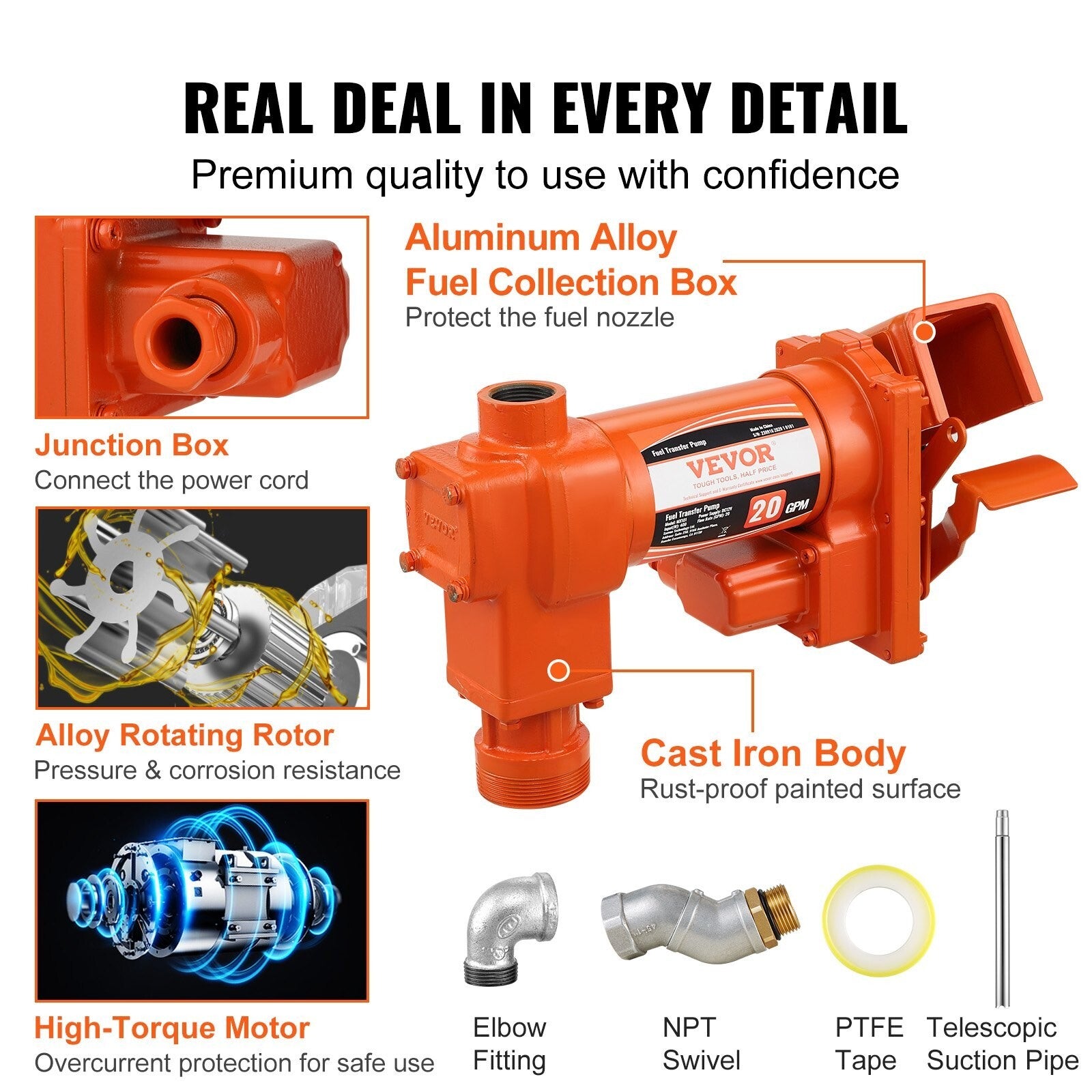 VEVOR Fuel Transfer Pump, 12V DC 20 GPM 1/4 HP, Gasoline Extractor Pump