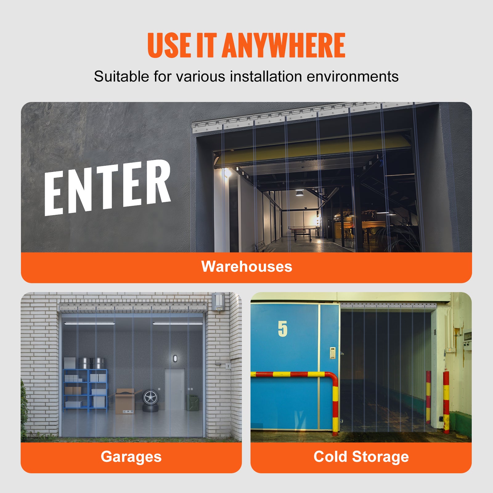 VEVOR Strip Curtain PVC Door Curtain 38" x 84"-96" x 96" Cooler Freezer Plastic