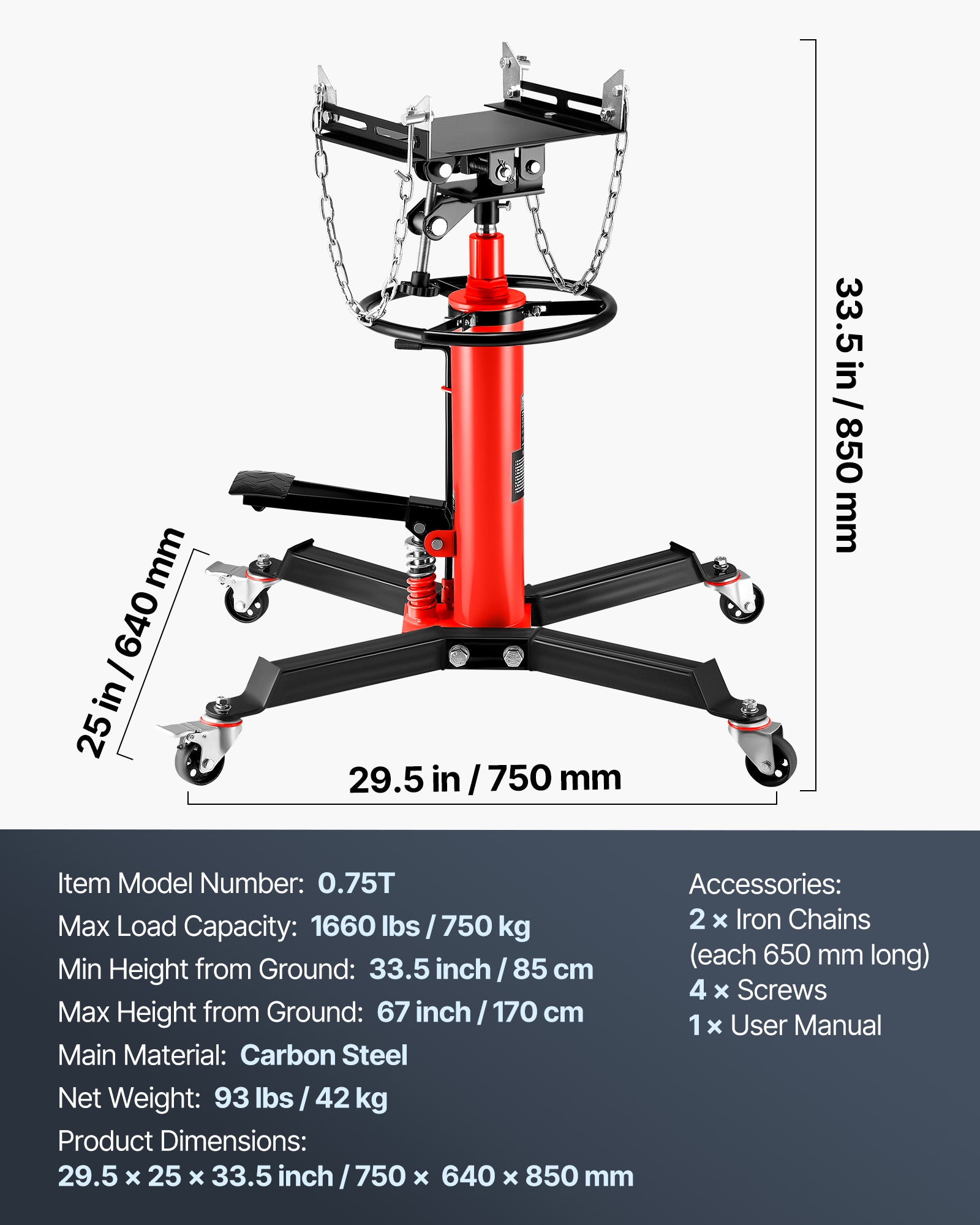 VEVOR 2-Stage Hydraulic Transmission Jack 1100/1322 lbs w/360°Swivel Wheel Lift