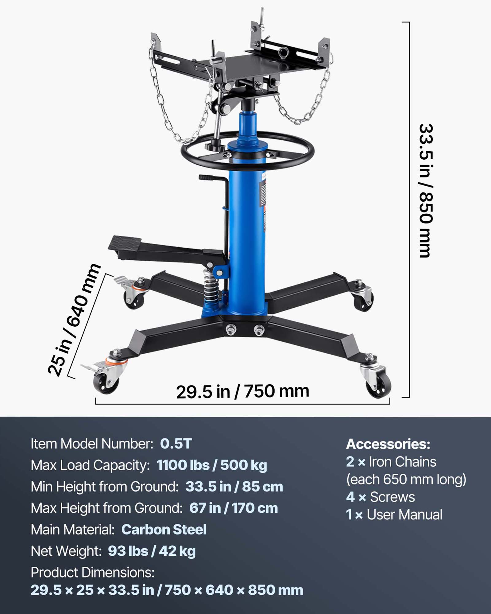 VEVOR 2-Stage Hydraulic Transmission Jack 1100/1322 lbs w/360°Swivel Wheel Lift