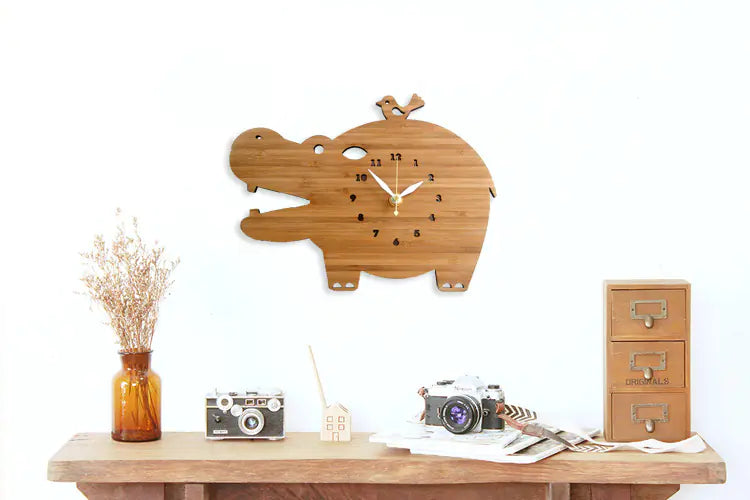 Natural Bamboo Hippo Room Clock Timekeeping Wall Clock